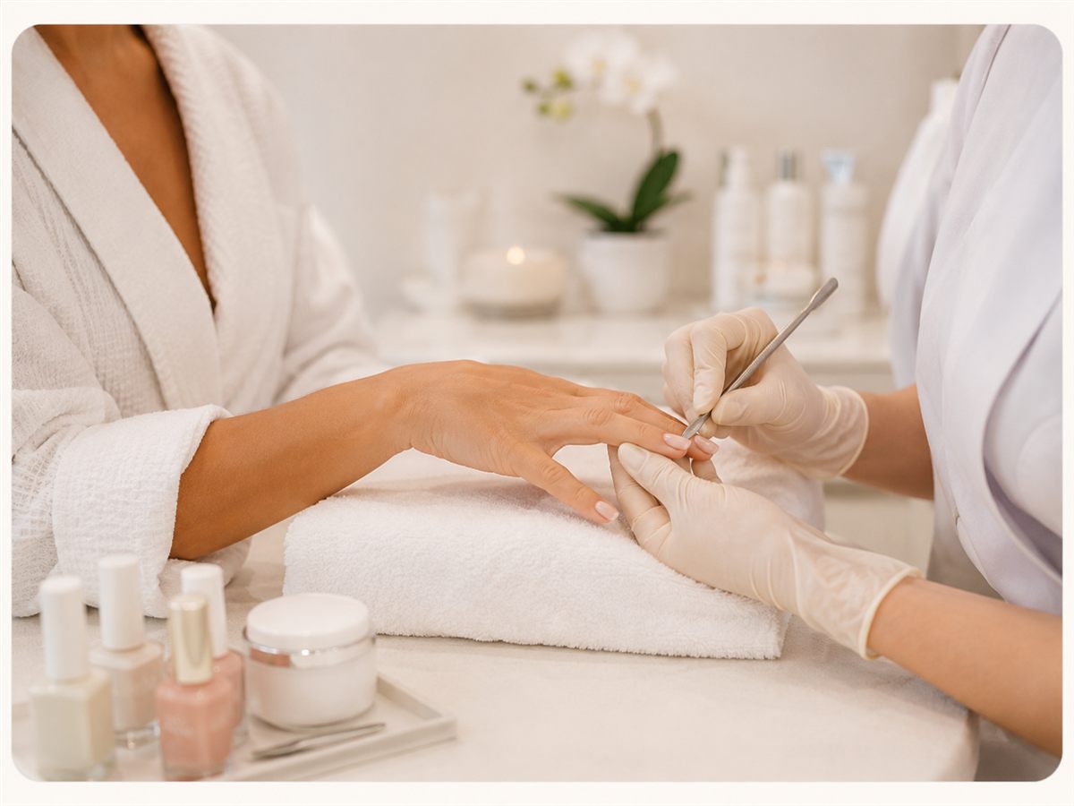 Dettaglio beauty reale: mani durante manicure/semipermanente o la laminazione ciglia.