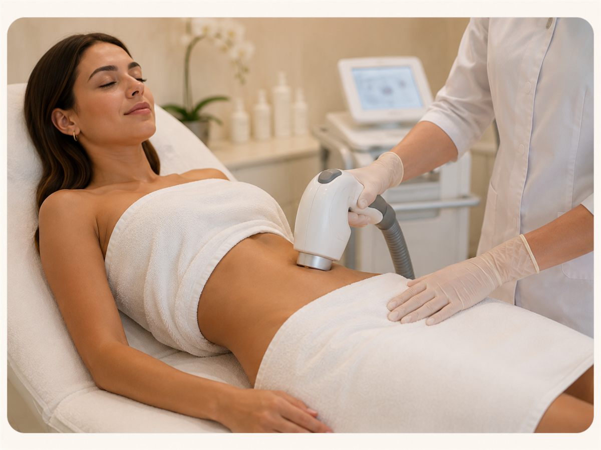 Trattamento corpo reale: macchinario (criolipolisi / body sculpt) o lettino in cabina durante una seduta.
