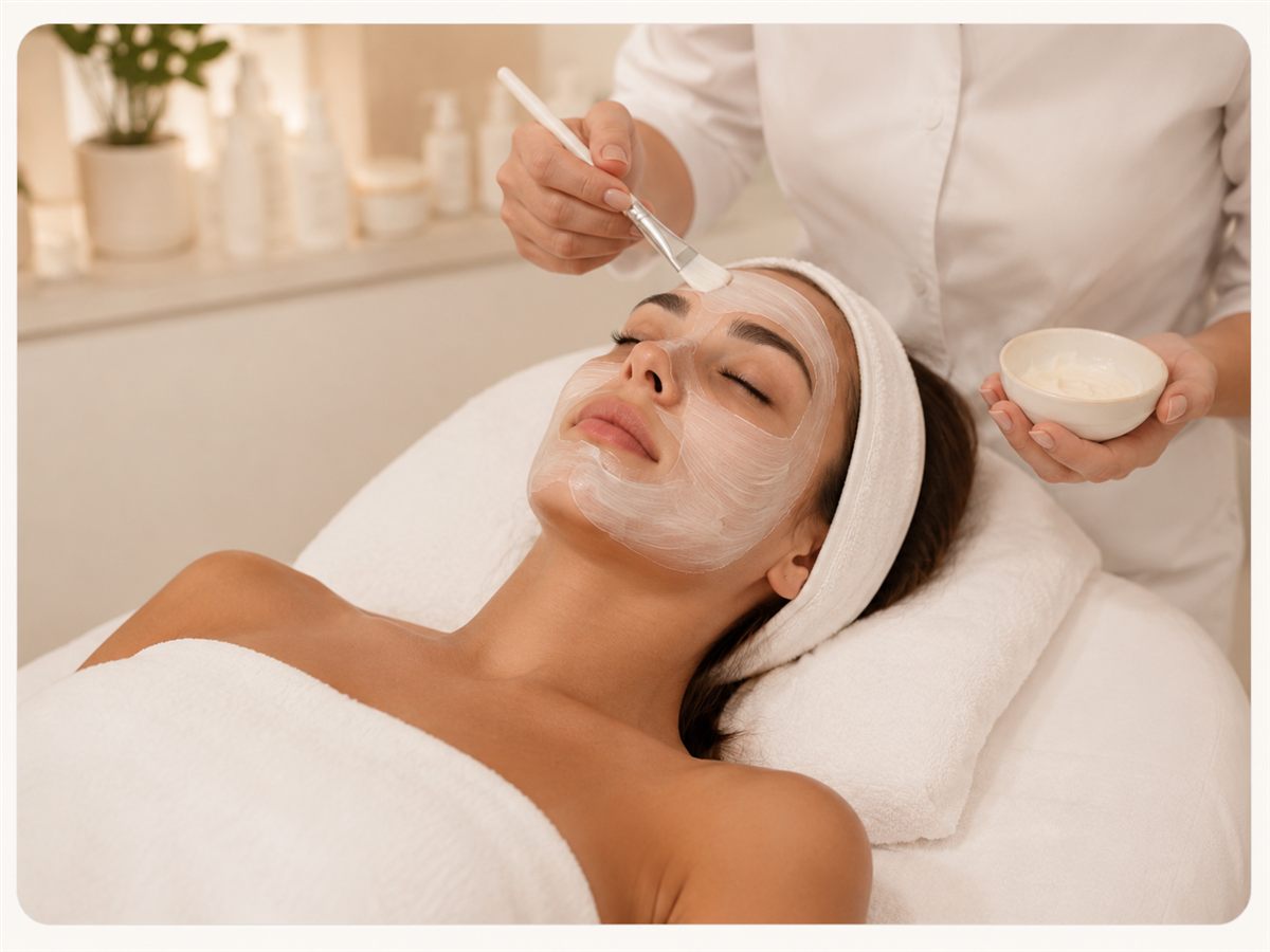 Trattamento viso reale in cabina: cliente con maschera/pulizia o un macchinario viso in azione.